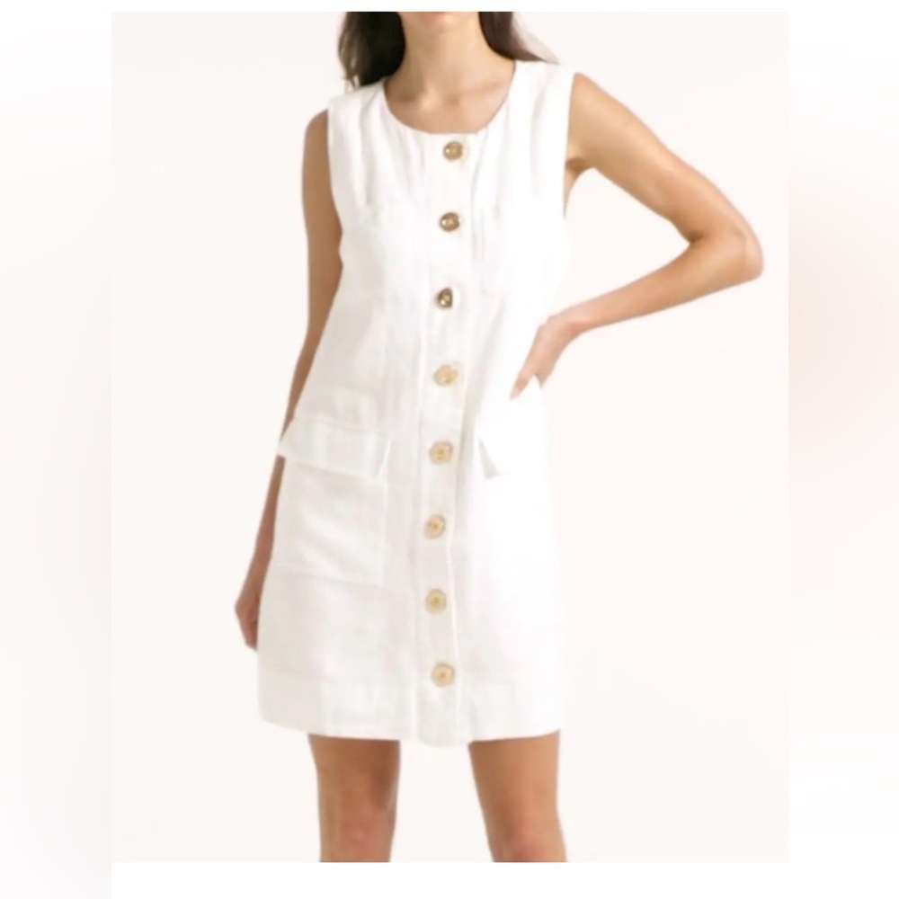 J CREW golden button front shift sleeveless white linen dress XS NWT
